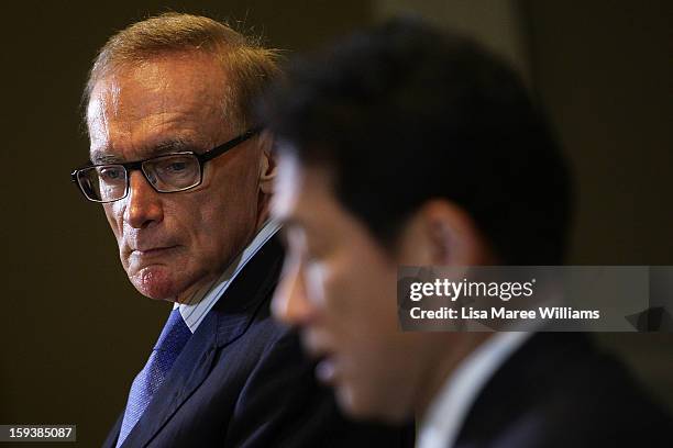 Australian Foreign Minister Bob Carr and Japanese Foreign Minister Fumio Kushida attend a press conference during bilateral meetings at the...