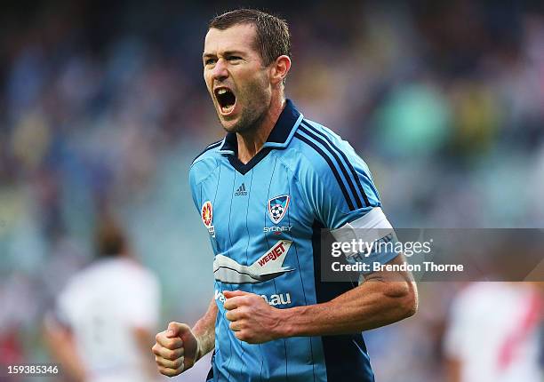 Brett Emerton of Sydney celebrates after scoring the opening goal for Sydney during the round 16 A-League match between Sydney FC and the Melbourne...