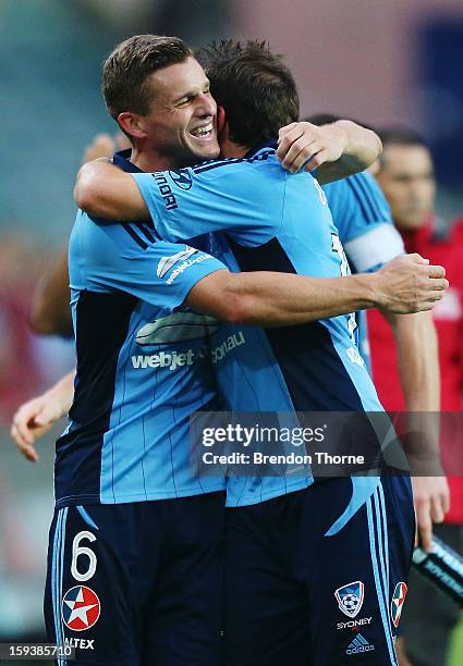 Jason Culina and Alessandro Del Piero of Sydney hug at full time during the round 16 A-League match between Sydney FC and the Melbourne Heart at...