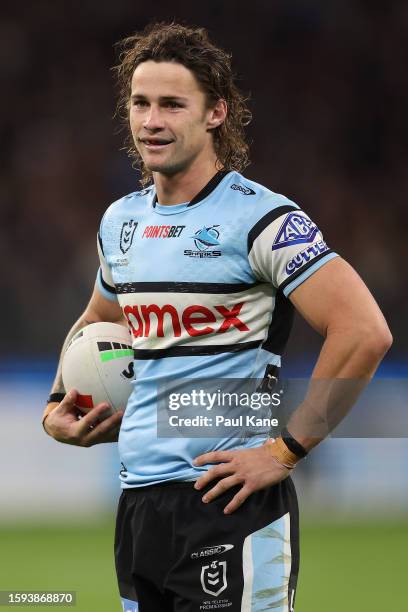 Nicholas Hynes of the Sharks looks on during the round 23 NRL match between South Sydney Rabbitohs and Cronulla Sharks at Optus Stadium on August 05,...