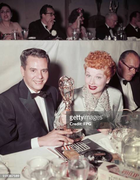 American actress Lucille Ball and her husband Desi Arnaz with their Academy of Television Arts & Sciences trophies at the Emmy Awards, USA, 5th...