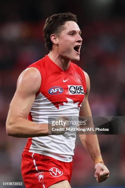 Hayden McLean of the Swans celebrates a goal during the round 21 AFL match between Greater Western Sydney Giants and Sydney Swans at GIANTS Stadium,...