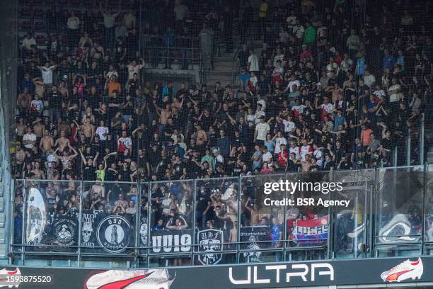 Fans of FC Utrecht during the Dutch Eredivisie match between PSV and FC Utrecht at Philips Stadion on August 12, 2023 in Eindhoven, Netherlands.