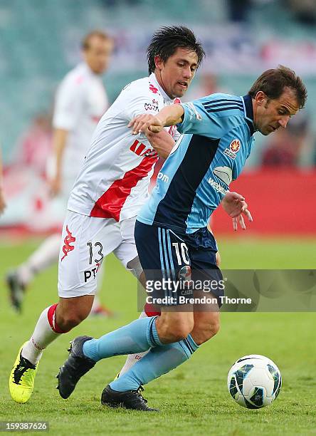 Alessandro Del Piero of Sydney competes with Jonathan Germano of the Heart during the round 16 A-League match between Sydney FC and the Melbourne...
