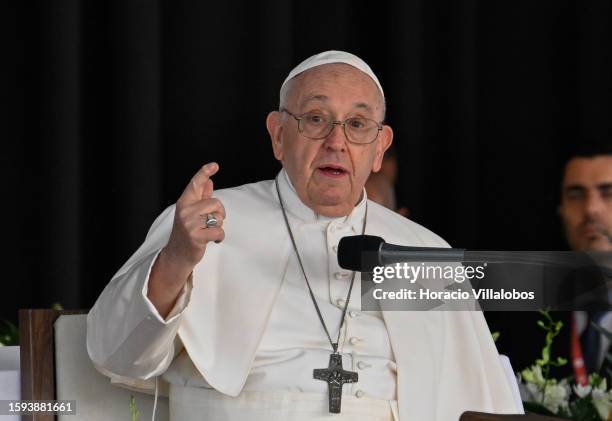 Pope Francis delivers final remarks to pilgrims and members of the faithful at the end of his prayers in Apparitions Chapel at the Sanctuary of...