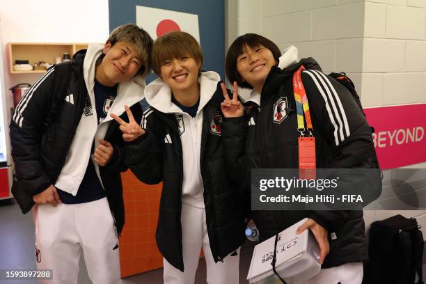 Chika Hirao, Honoka Hayashi and Remina Chiba of Japan pose in the cleaned dressing room during the FIFA Women's World Cup Australia & New Zealand...