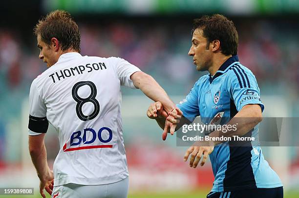 Alessandro Del Piero of Sydney reacts after an altercation with Matt Thompson of the Heart of the Heart during the round 16 A-League match between...