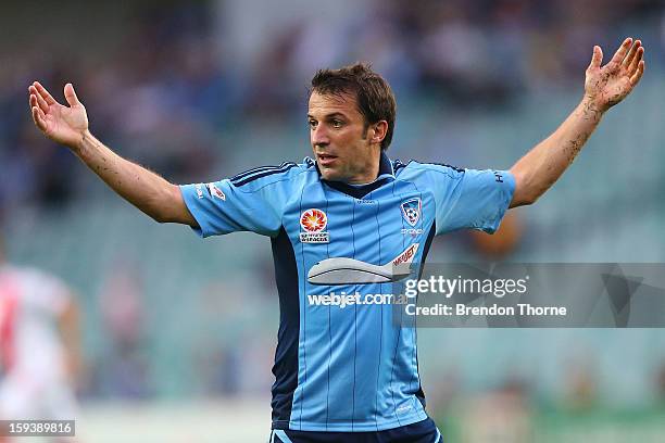 Alessandro Del Piero of Sydney gestures during the round 16 A-League match between Sydney FC and the Melbourne Heart at Allianz Stadium on January...