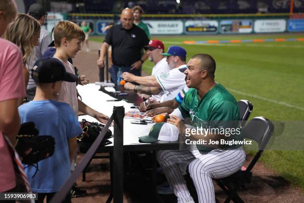 Nick Swisher of the Bouncing Pickles signs autographs after the HRDX Hartford at Dunkin Park on Friday, August 11, 2023 in Hartford, Connecticut.