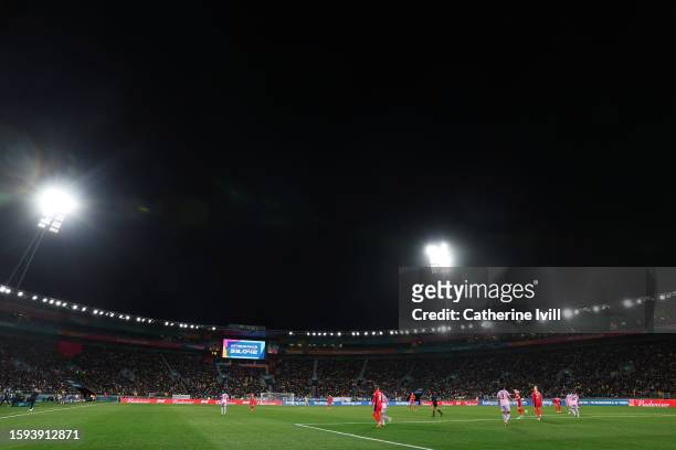The attendance is seen on the LED screen inside the stadium during the FIFA Women's World Cup Australia & New Zealand 2023 Round of 16 match between...