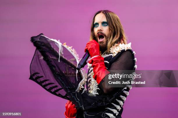 Jared Leto of Thirty Seconds to Mars performs during Lollapalooza at Grant Park on August 04, 2023 in Chicago, Illinois.