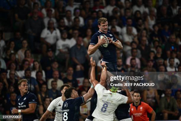 Scotland's lock Richie Gray catches the ball in a lineup during the pre-World Cup Rugby Union friendly match between France and Scotland at the...