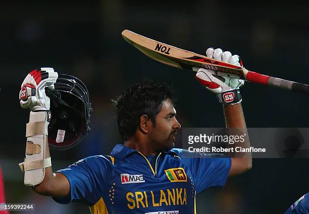 Lahiru Thirimanne of Sri Lanka celebrates after he scored the winning runs and his century during game two of the Commonwealth Bank One Day...
