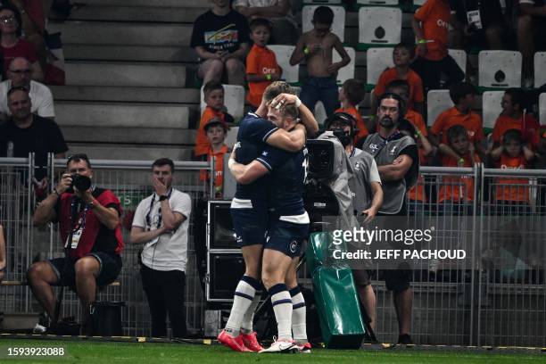 Scotland's wing Kyle Steyn celebrates after scoring a try during the pre-World Cup Rugby Union friendly match between France and Scotland at the...