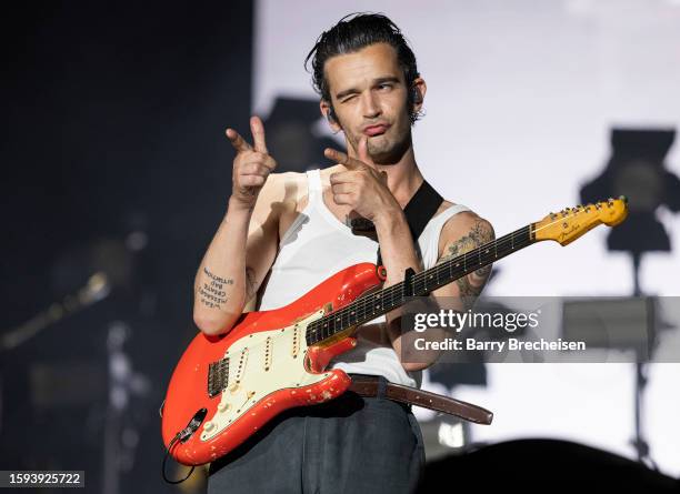 Matty Healy of The 1975 performs during Lollapalooza at Grant Park on August 04, 2023 in Chicago, Illinois.