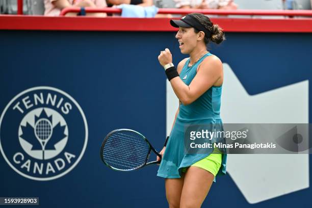 Jessica Pegula of the United States of America celebrates her 6-2, 6-7, 6-4 victory against Iga Swiatek of Poland on Day 6 during the National Bank...