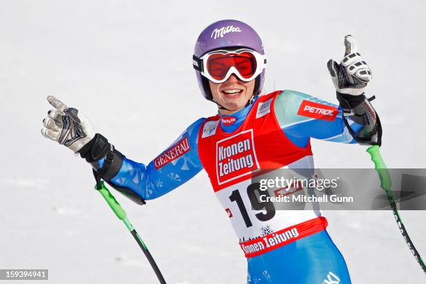 Tina Maze of Slovenia reacts in the finish area after competing in the Audi FIS Alpine Ski World Cup Super Giant Slalom race on January 13, 2013 in...
