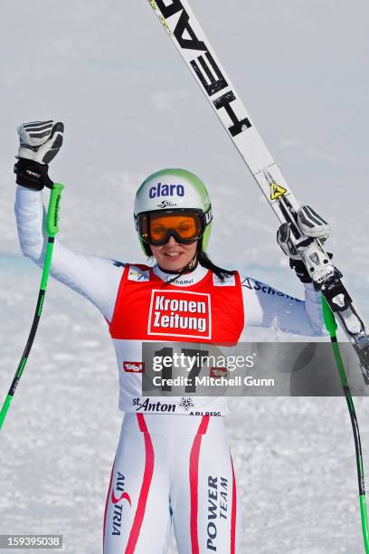 Anna Fenninger of Austria reacts in the finish area after competing in the Audi FIS Alpine Ski World Cup Super Giant Slalom race on January 13, 2013...