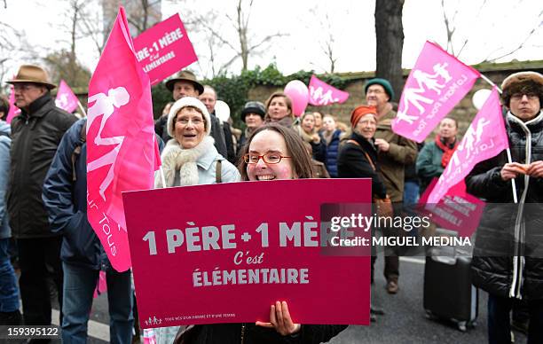 Protester holds a placard reading "A father + a mother, it's fundamental" during a march against same-sex marriage on January 13, 2013 in Paris. Tens...