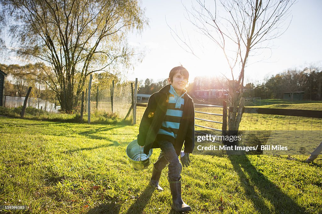 A young boy in an animal paddock, holding a bucket of feed. Animal sanctuary.
