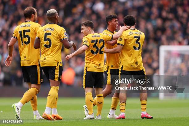 Rayan Ait-Nouri of Wolverhampton Wanderers celebrates with teammates after scoring the team's first goal during the pre-season friendly match between...