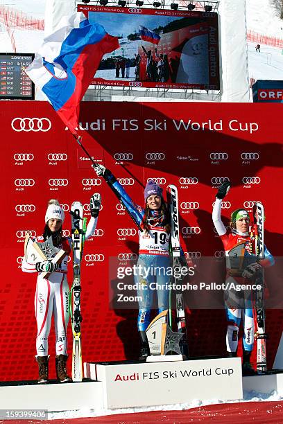 Tina Maze of Slovenia takes 1st place, Anna Fenninger of Austria takes 2nd place, Fabienne Suter of Switzerland takes 3rd place during the Audi FIS...