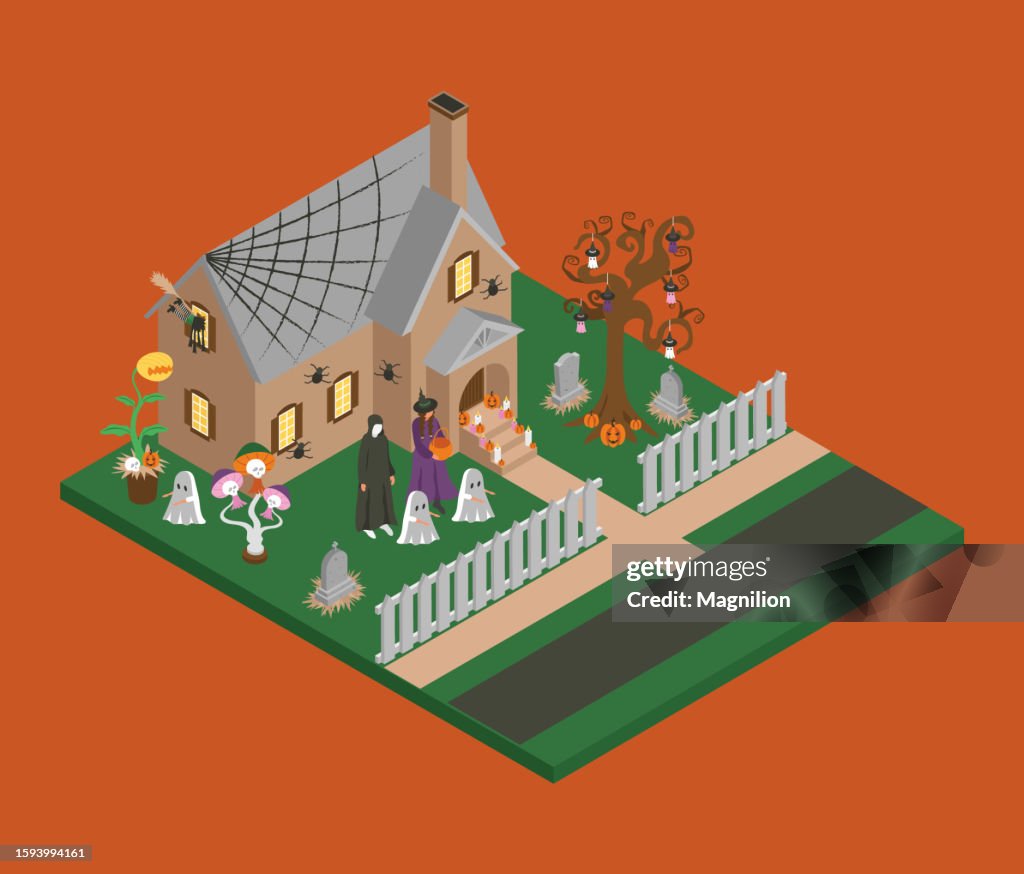 House and Yard with Halloween Decorations, Isometric