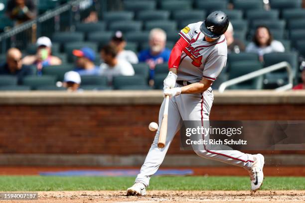 Matt Olson of the Atlanta Braves hits a three run home run against the New York Mets during the sixth inning of game one of a doubleheader at Citi...