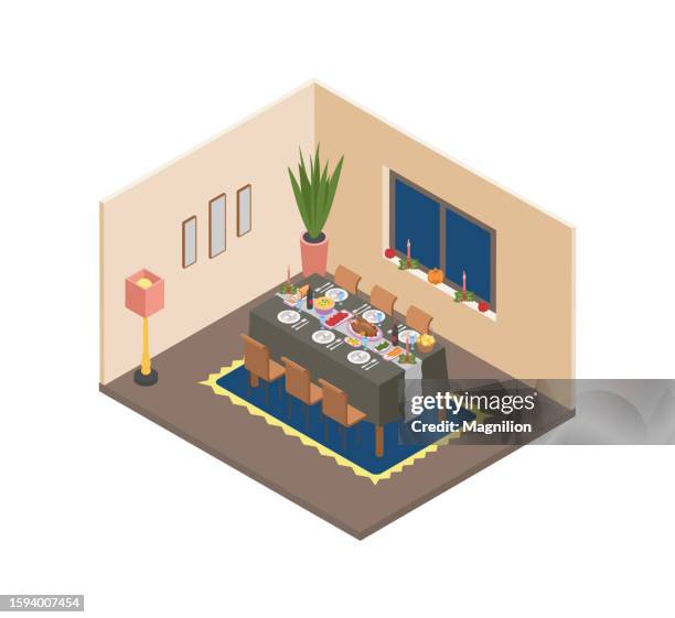 thanksgiving day, thanksgiving table isometric vector - thanksgiving dinner top view stock illustrations