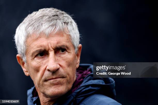 Quique Setien, Head Coach of Villarreal CF, looks on prior to the pre-season friendly match between OGC Nice and Villarreal CF at St James' Park on...