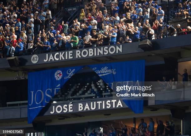 Former Toronto Blue Jays Jose Bautista has his name unveiled during a ceremony on the "Level of Excellence" before the Toronto Blue Jays play the...