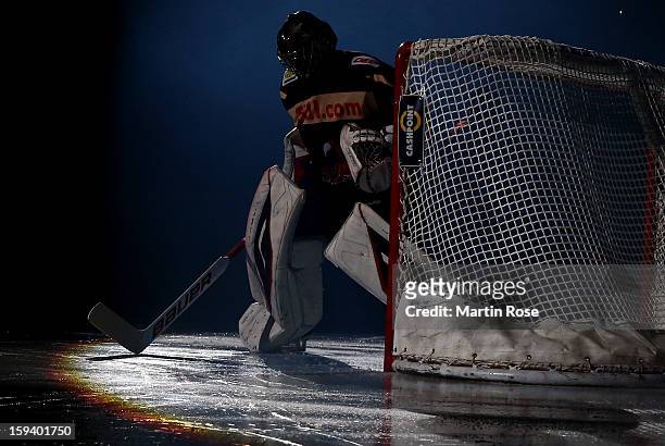 Dimitri Paetzold, goaltendet of Hannover skates up the ice during the DEL match between Hannover Scorpions and Straubing Tigers at TUI Arena on...