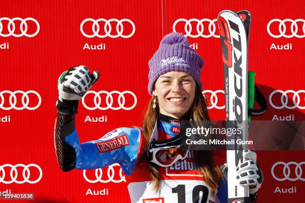 Tina Maze of Slovenia race winner, during the prize giving ceremony for the Audi FIS Alpine Ski World Cup Super Giant Slalom race on January 13, 2013...