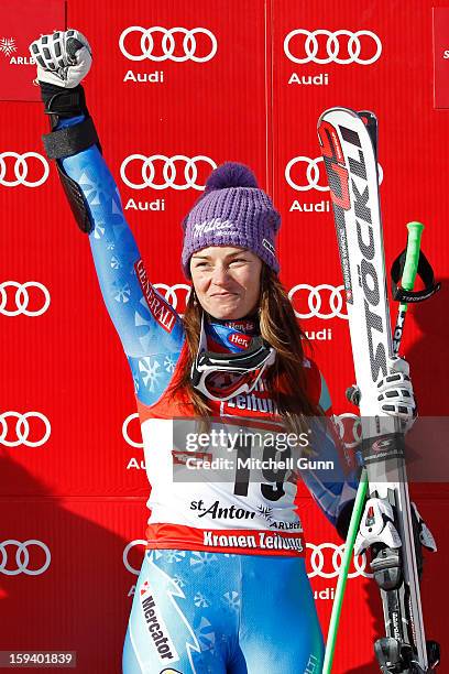 Tina Maze of Slovenia race winner, during the prize giving ceremony for the Audi FIS Alpine Ski World Cup Super Giant Slalom race on January 13, 2013...