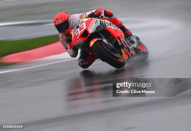 Marc Marquez of Spain in action during the MotoGP of Great Britain - Second Free Practice at Silverstone Circuit on August 05, 2023 in Northampton,...