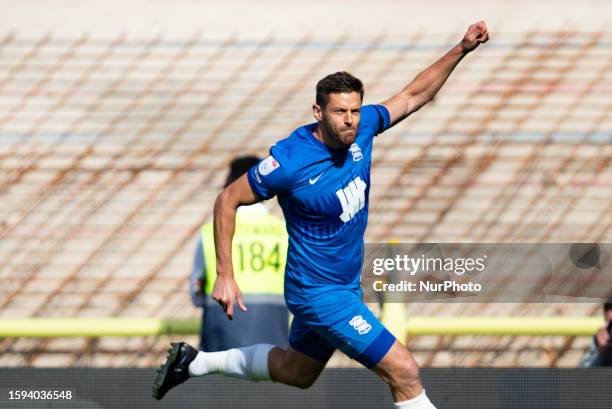 Lukas Jutkiewicz of Birmingham celebrates scoring their side's first goal of the game during the Sky Bet Championship match between Birmingham City...