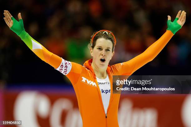 Ireen Wust of Netherlands celebrates her victory after the 5000m Ladies race during the Final Day of the Essent ISU European Speed Skating...