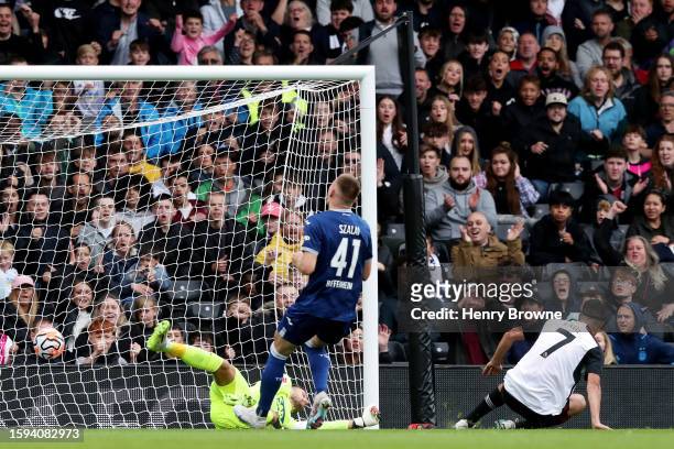 Raul Jimenez of Fulham FC scores the team's first goal during the pre-season friendly match between Fulham and TSG 1899 Hoffenheim at Craven Cottage...