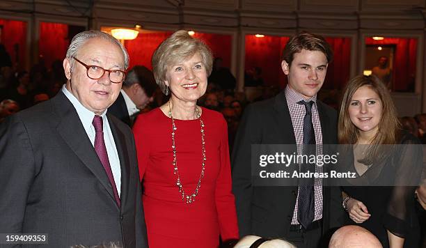 Hubert Burda, Friede Springer, Jacob Burda and Elisabeth Burda attend the 'Geruechte...Geruechte...' premiere at Theater am Kurfuerstendamm on...