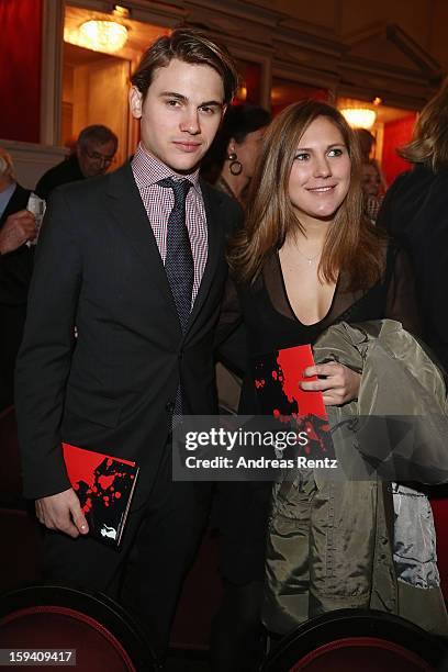 Jacob Burda and Elisabeth Burda attend the 'Geruechte...Geruechte...' premiere at Theater am Kurfuerstendamm on January 13, 2013 in Berlin, Germany.