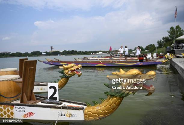 View of the dragon-headed boat during the Hong Kong Dragon Boat Festival held at the Flushing Meadows-Corona Park in New York United States on August...