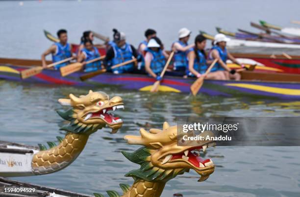 View of the dragon-headed boats during the Hong Kong Dragon Boat Festival held at the Flushing Meadows-Corona Park in New York, United States on...
