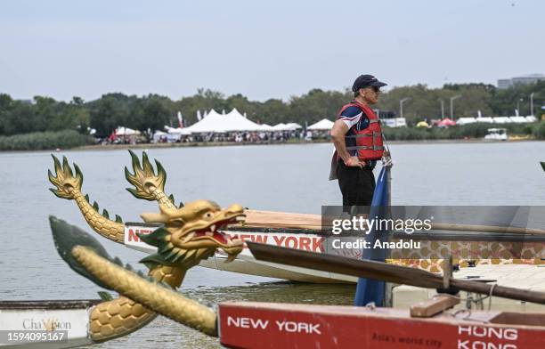 View of the dragon-headed boats during the Hong Kong Dragon Boat Festival held at the Flushing Meadows-Corona Park in New York, United States on...