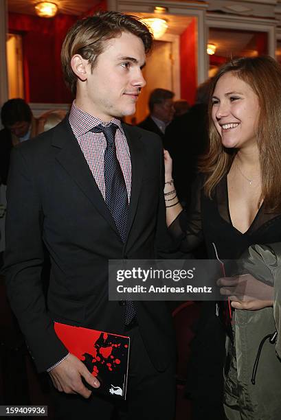 Jacob Burda and Elisabeth Burda attend the 'Geruechte...Geruechte...' premiere at Theater am Kurfuerstendamm on January 13, 2013 in Berlin, Germany.