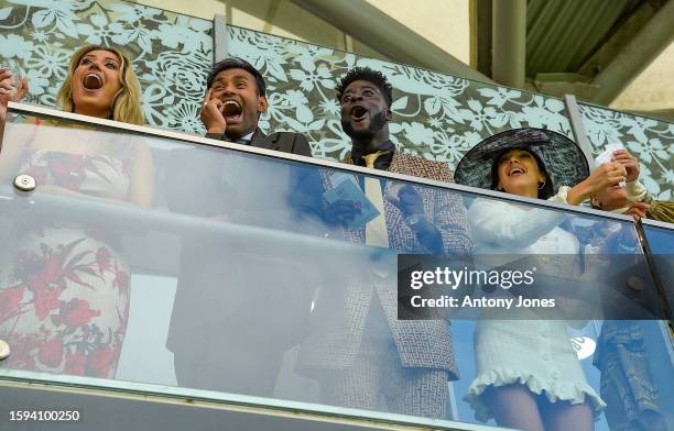 Nikita Kanda, Ramzan Miah, Guatave Die,Kara Marni attend the Dubai Duty Free Shergar Cup at Ascot Racecourse on August 12, 2023 in Ascot, England.