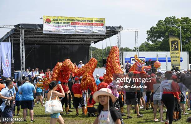 View of a decorated dragon during the Hong Kong Dragon Boat Festival held at the Flushing Meadows-Corona Park in New York, United States on August...
