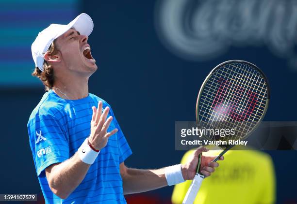 Alex De Minaur of Australia reacts after winning his match against Alejandro Davidovich Fokina of Spain during Day Six of the National Bank Open,...