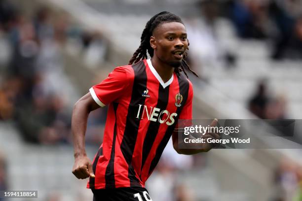 Khephren Thuram of OGC Nice looks on during the Sela Cup match between OGC Nice and Villarreal CF at St James' Park on August 05, 2023 in Newcastle...