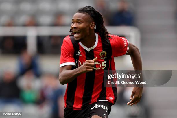 Khephren Thuram of OGC Nice looks on during the Sela Cup match between OGC Nice and Villarreal CF at St James' Park on August 05, 2023 in Newcastle...