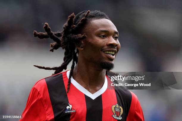 Khephren Thuram of OGC Nice looks on during the Sela Cup match between OGC Nice and Villarreal CF at St James' Park on August 05, 2023 in Newcastle...